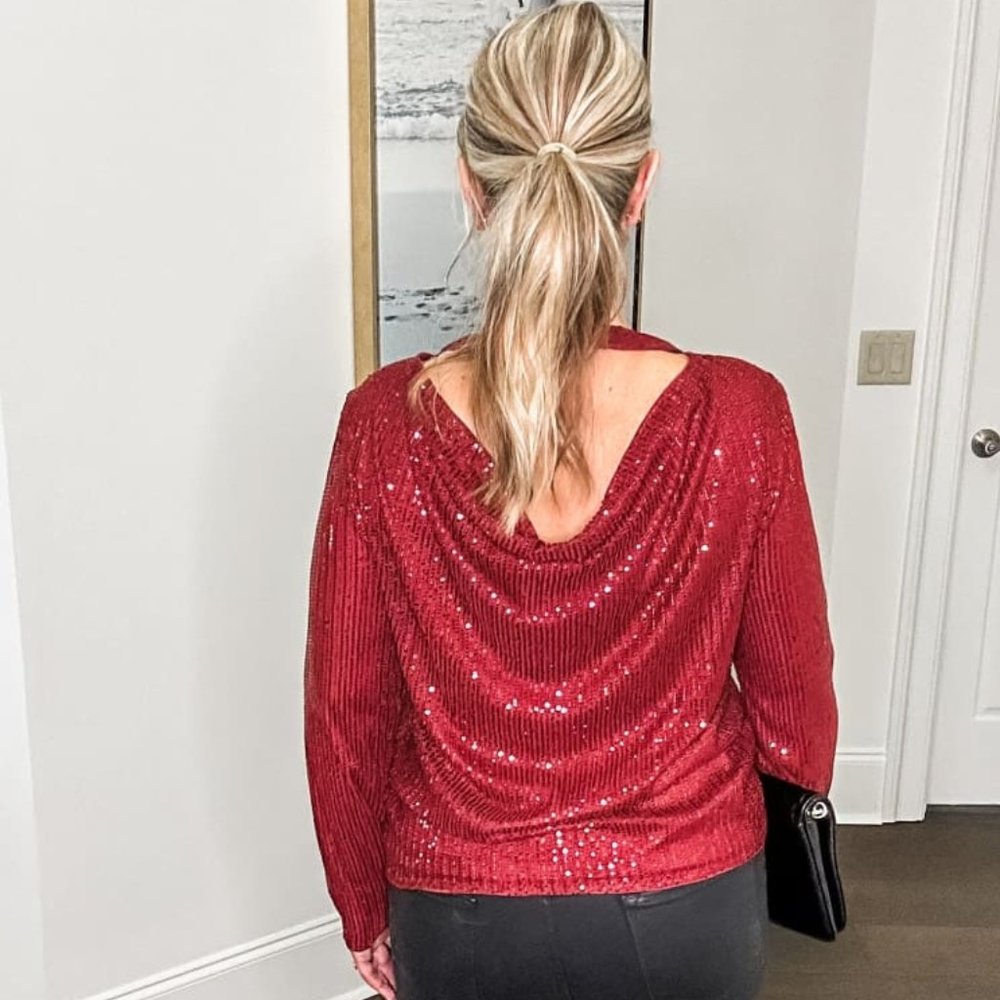 Backless Sequin Wine Red Long Sleeve Holiday Cocktail Party Top - Picture 3 of 3